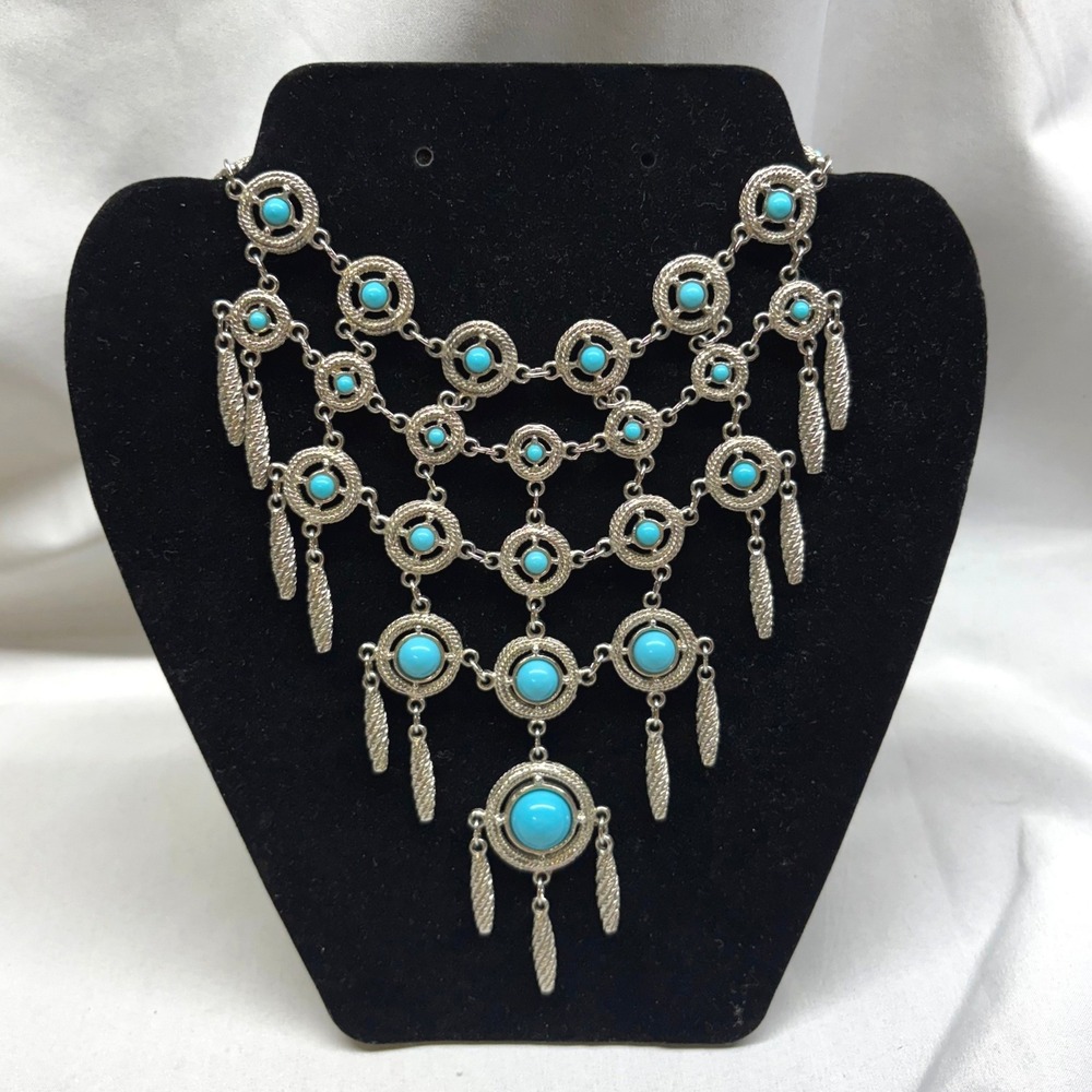 Unbranded Bib Necklace Womens OS Turquoise Silver Tone Excellent Boho Feather